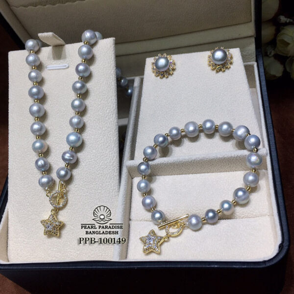 9-10mm Grey Fresh Water Pearl Necklace Set - Image 3