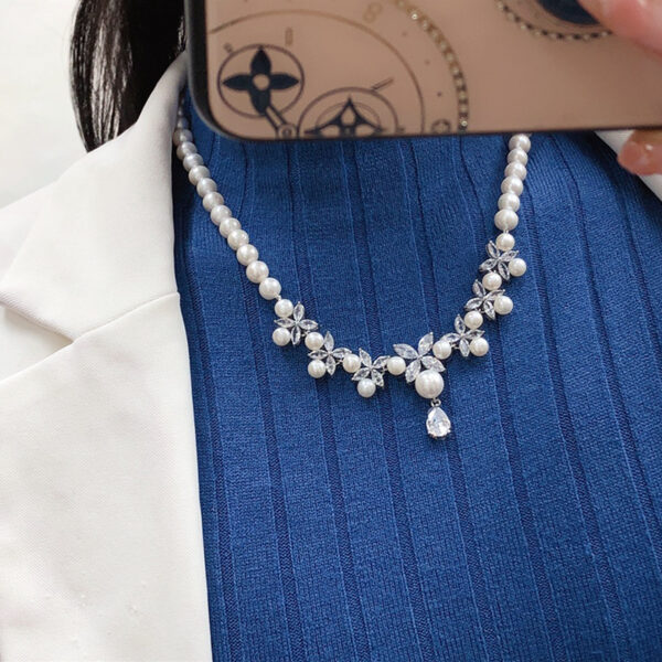 Bride Pearl Necklace with CZ Diamond Cut Stone - Image 3