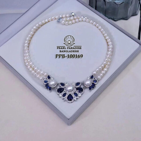 Vintage Bridal White Pearl Necklace with Blue Sapphire Stone pearl studded pendant - Image 2