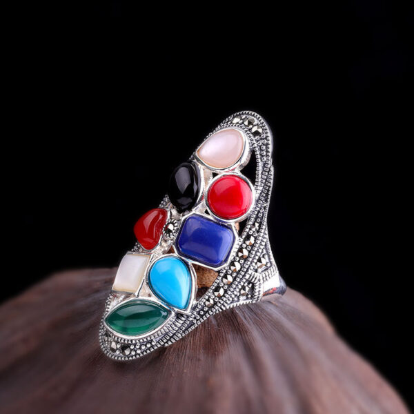 Real S925 Silver Jewelry Fashion Colorful Gemstones Long Index Original Gemstone Finger Ring for Women Senior Gift