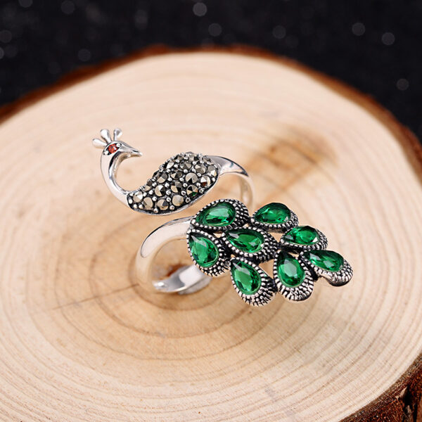 Women's S925 Sterling Silver Peacock Gemstone Ring, Vintage Fashion Adjustable Gemstone Ring - Image 3