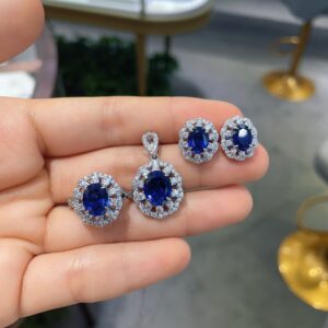 S925 Silver New High Jewellery Real Moissanite Sapphire suit 2 karat Egg-Shaped Ring Pendant Stud Earrings