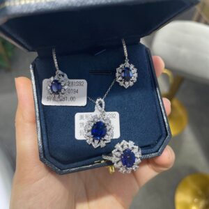 Little Red Book Hot Sale Real M Diamond Sapphire Egg-Shaped Jewellery suit S925 Silver Senior Necklace Ring Stud Earrings