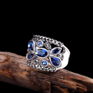 Vintage S925 Silver Jewelry Thai Silver Fine Craft Open Women's Blue Corundum Ring