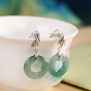 Personality Silver Product S925 Pure Silver Inlaid Safety Buckle Natural A-Grade Jade Bamboo Earrings Simple Women's Unique Earrings