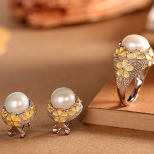 The character silver S925 silver silk inlaid pearl ring national tide flower temperament artistic luxury atmospheric earrings