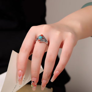 Personality and Elegance S925 Sterling Silver Inlaid with Turquoise and Southern Red Agate Ring, Fashionable Ethnic Style, Adjustable Vintage Ring
