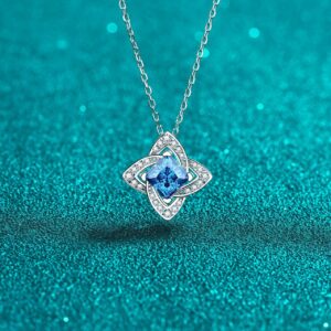 S925 Sterling Silver Pendant with Sapphire Blue Moissanite Necklace, Four-Leaf Square Clavicle Chain, Light Luxury, High-Quality