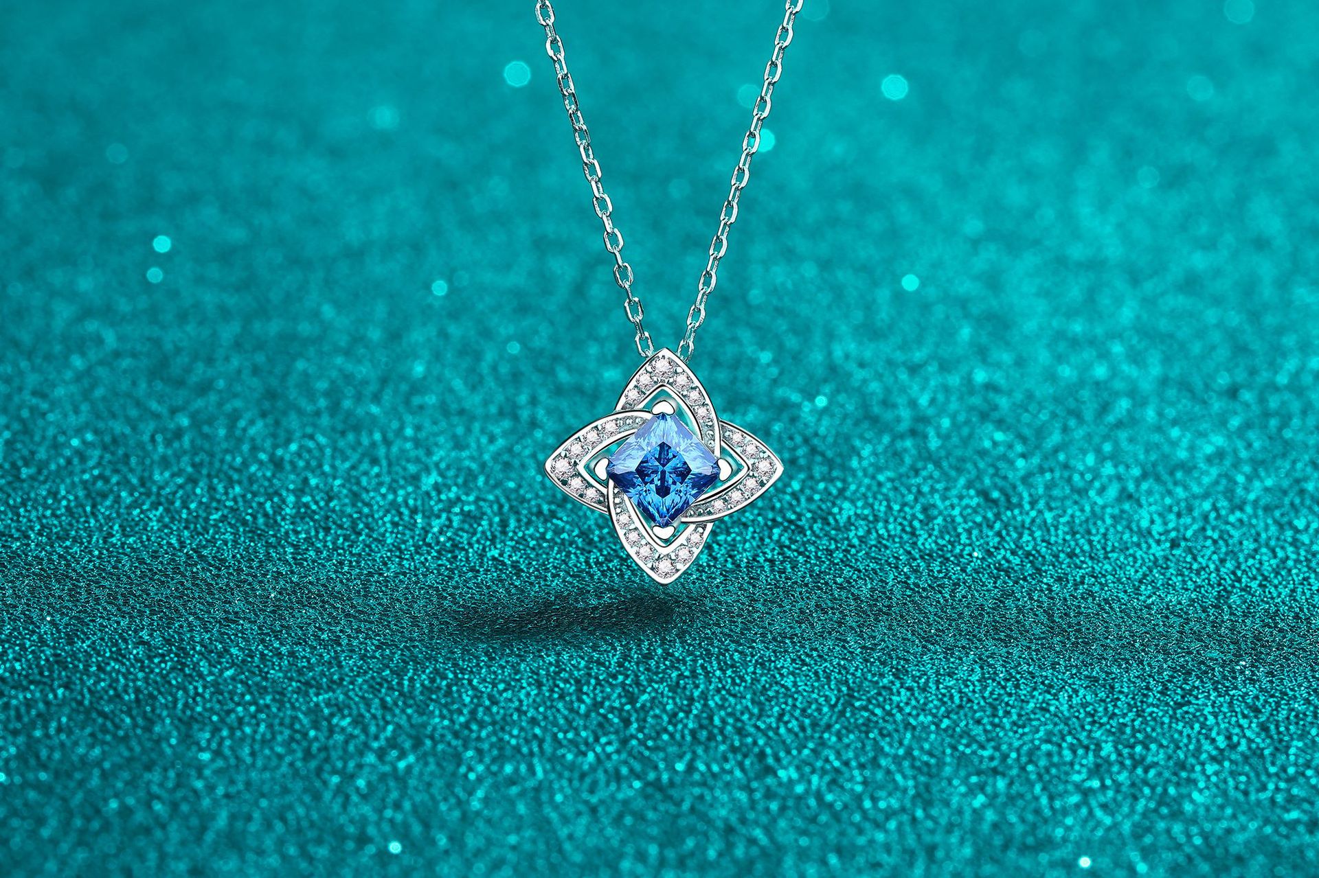 S925 Sterling Silver Pendant with Sapphire Blue Moissanite Necklace, Four-Leaf Square Clavicle Chain, Light Luxury, High-Quality