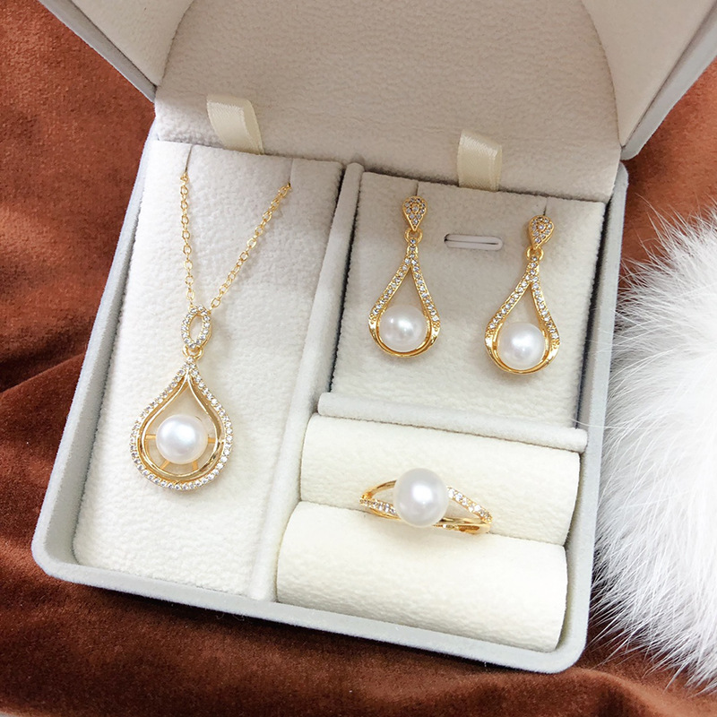New fresh water real pearl necklace earrings ring three-piece set women's temperament fashion suit send girlfriend mother - Image 2
