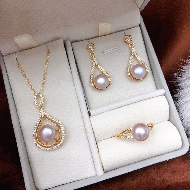 New fresh water real pearl necklace earrings ring three-piece set women's temperament fashion suit send girlfriend mother - Image 3