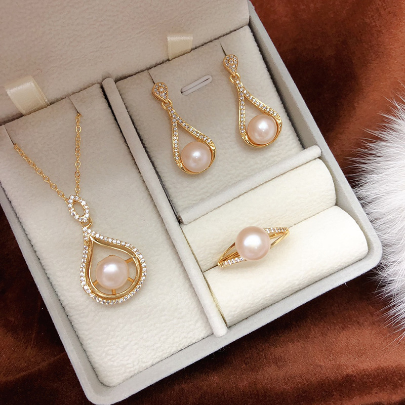 New fresh water real pearl necklace earrings ring three-piece set women's temperament fashion suit send girlfriend mother - Image 4